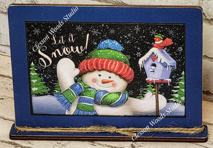 Let It Snow Waving Snowman and Birdhouse Framed Art with Attached Stand