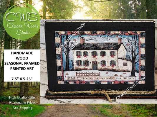 Primitive Saltbox Windows Winter Framed Art with Attached Stand