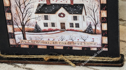 Primitive Saltbox With Wreath Winter Framed Art with Attached Stand