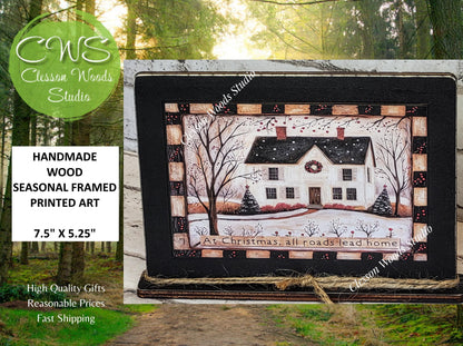 Primitive Saltbox With Wreath Winter Framed Art with Attached Stand