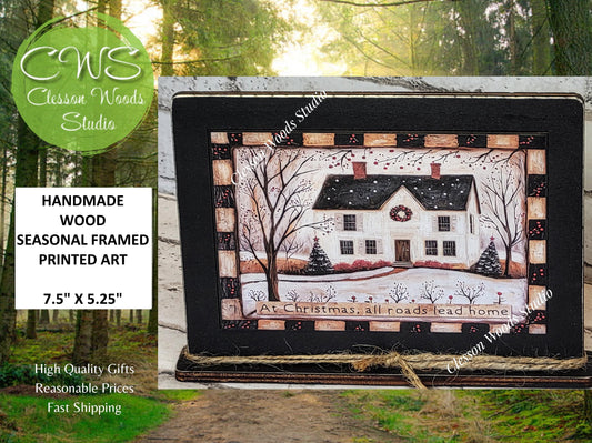 Primitive Saltbox With Wreath Winter Framed Art with Attached Stand