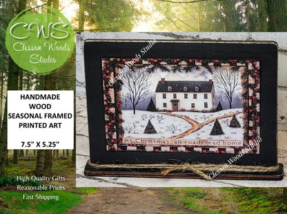 Primitive Saltbox Pine Trees Winter Framed Art with Attached Stand