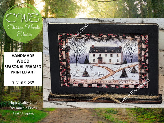 Primitive Saltbox Pine Trees Winter Framed Art with Attached Stand