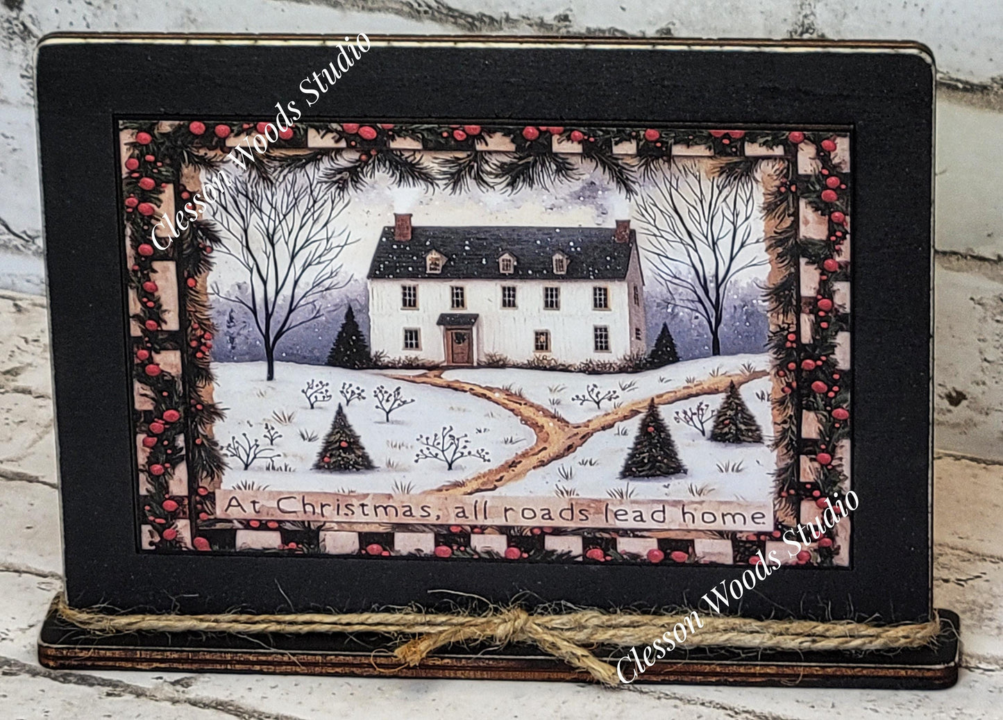 Primitive Saltbox Pine Trees Winter Framed Art with Attached Stand