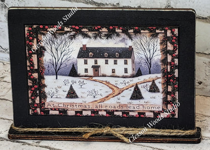 Primitive Saltbox Pine Trees Winter Framed Art with Attached Stand