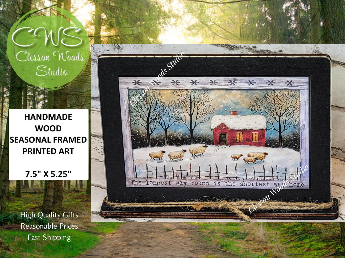 Primitive Red Saltbox and Sheep Winter Framed Art with Attached Stand
