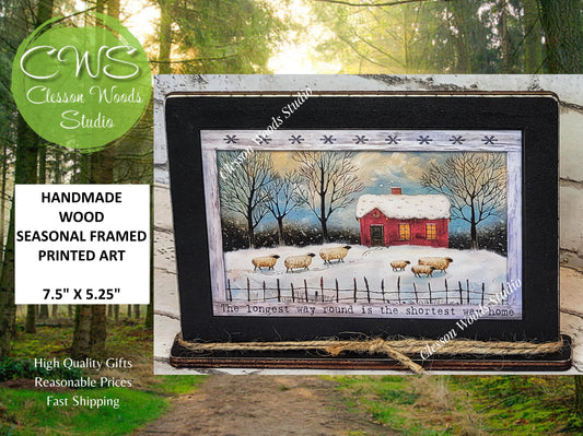 Primitive Red Saltbox and Sheep Winter Framed Art with Attached Stand