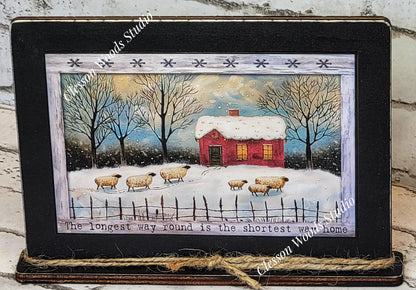 Primitive Red Saltbox and Sheep Winter Framed Art with Attached Stand