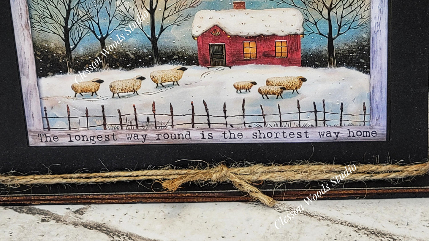Primitive Red Saltbox and Sheep Winter Framed Art with Attached Stand