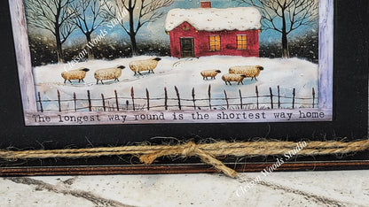 Primitive Red Saltbox and Sheep Winter Framed Art with Attached Stand