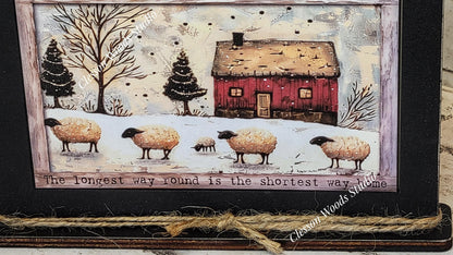 Primitive Red Saltbox and Sheep 2 Winter Framed Art with Attached Stand