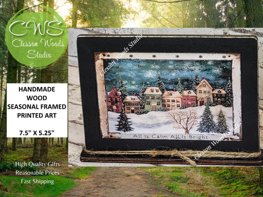Primitive Winter Christmas Village Framed Art with Attached Stand