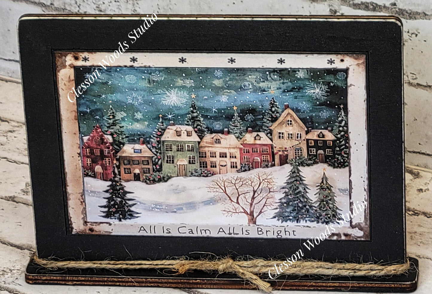 Primitive Winter Christmas Village Framed Art with Attached Stand