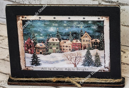 Primitive Winter Christmas Village Framed Art with Attached Stand