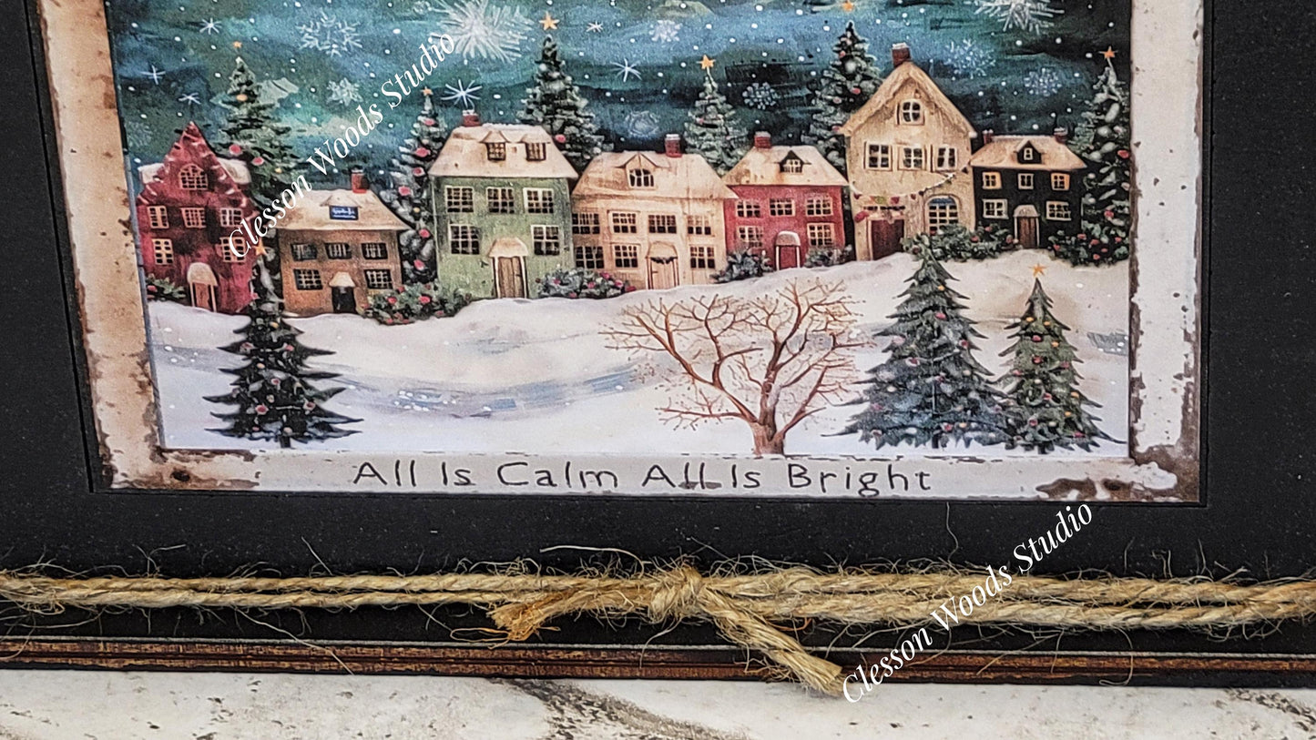 Primitive Winter Christmas Village Framed Art with Attached Stand