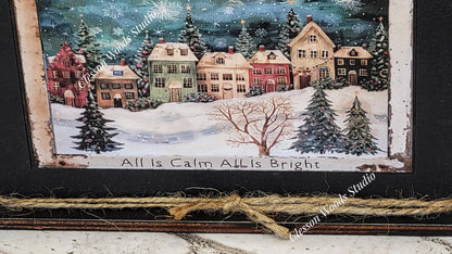 Primitive Winter Christmas Village Framed Art with Attached Stand