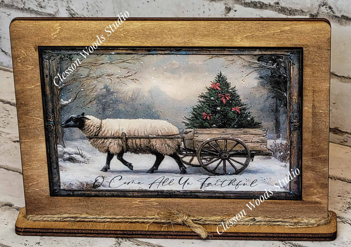 Primitive Sheep O Come All Ye Faithful Winter Framed Art with Attached Stand