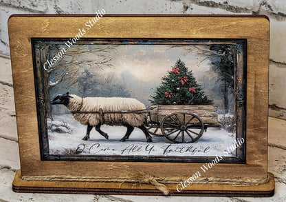 Primitive Sheep O Come All Ye Faithful Winter Framed Art with Attached Stand