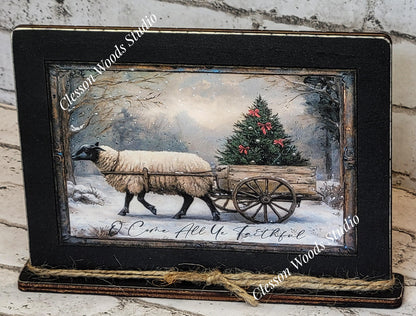 Primitive Sheep O Come All Ye Faithful Winter Framed Art with Attached Stand