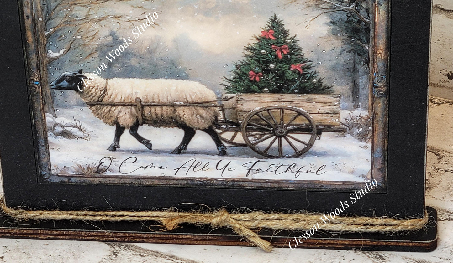 Primitive Sheep O Come All Ye Faithful Winter Framed Art with Attached Stand