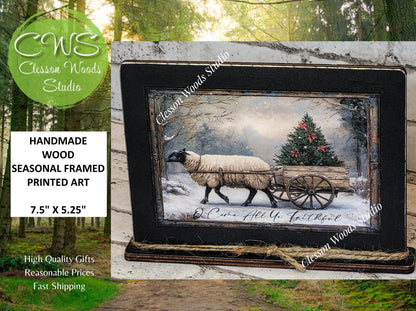Primitive Sheep O Come All Ye Faithful Winter Framed Art with Attached Stand