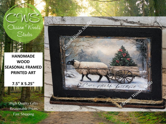 Primitive Sheep O Come All Ye Faithful Winter Framed Art with Attached Stand