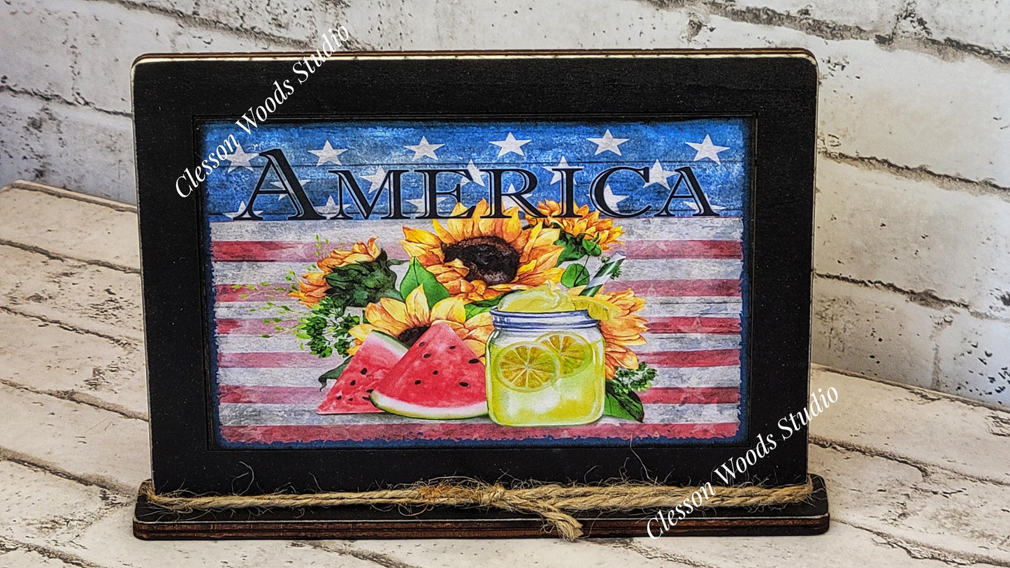 America Watermelon Sunflower Lemonade Framed Art with Attached Stand