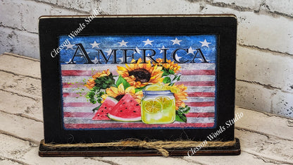 America Watermelon Sunflower Lemonade Framed Art with Attached Stand