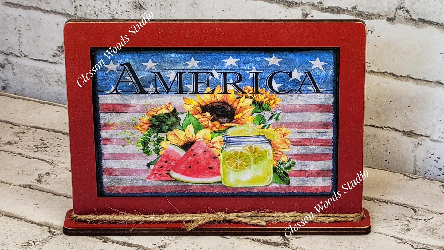 America Watermelon Sunflower Lemonade Framed Art with Attached Stand