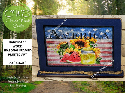 America Watermelon Sunflower Lemonade Framed Art with Attached Stand