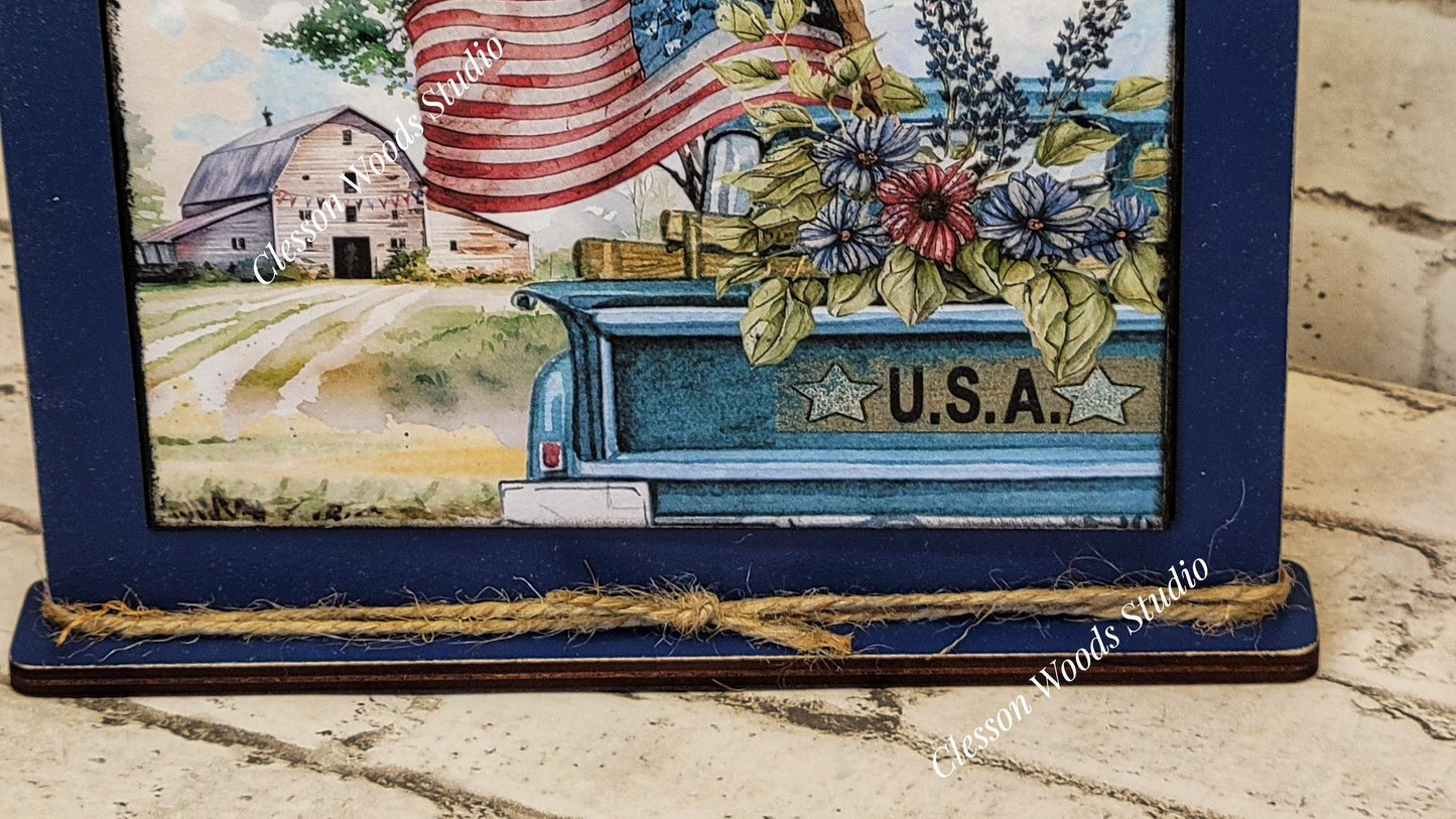 July Blue Truck Patriotic Farm Framed Art with Attached Stand