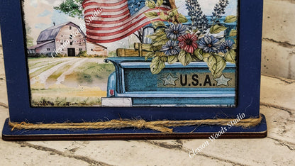 July Blue Truck Patriotic Farm Framed Art with Attached Stand