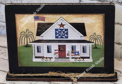Primitive White House July Framed Art with Attached Stand