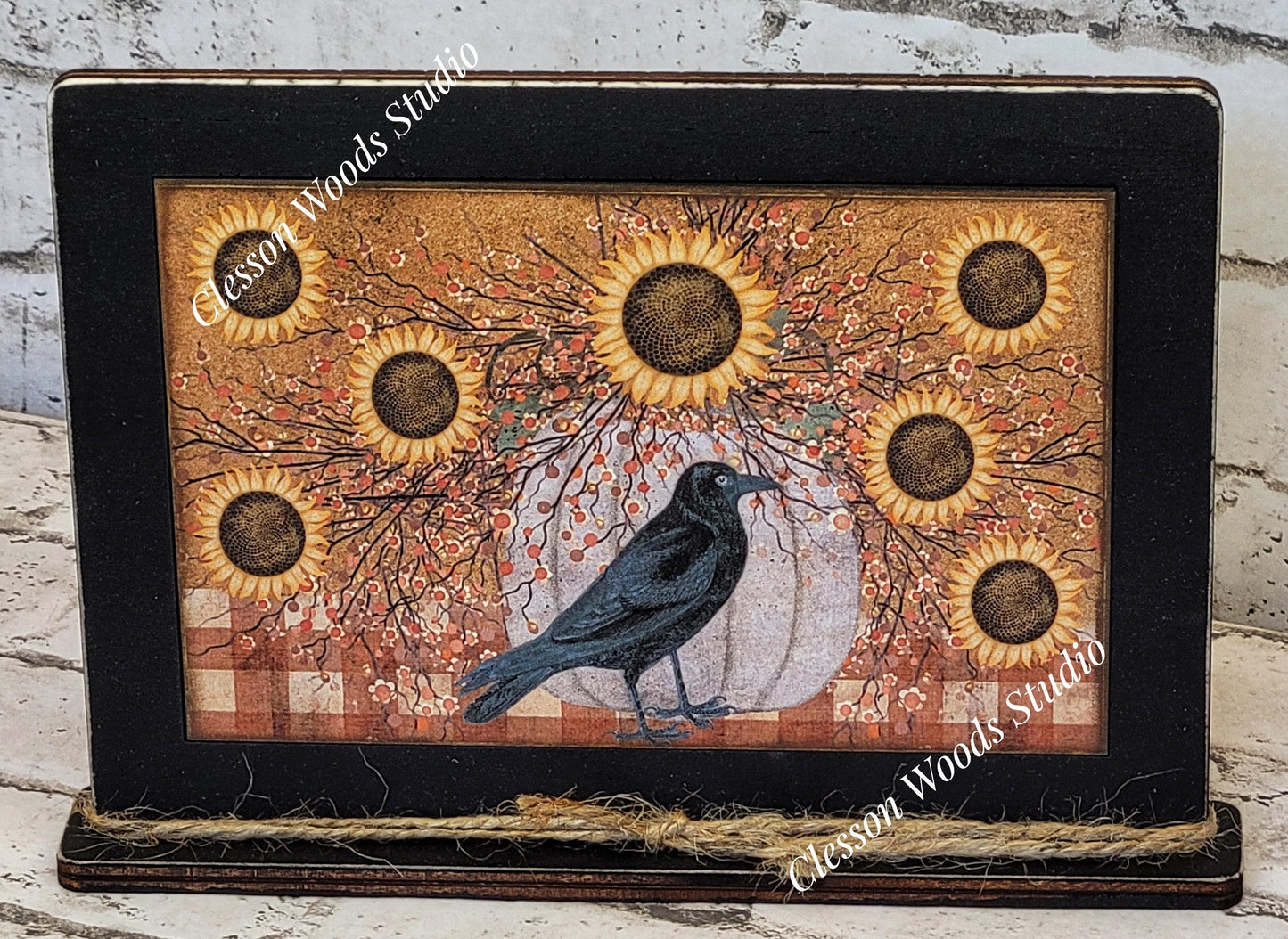 Primitive Sunflowers and Crow Framed Art with Attached Stand