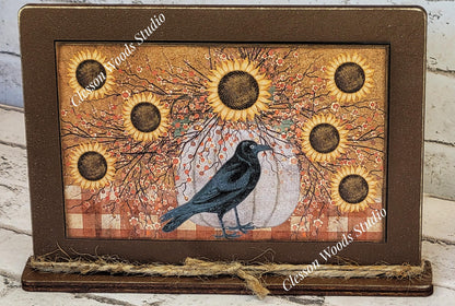 Primitive Sunflowers and Crow Framed Art with Attached Stand