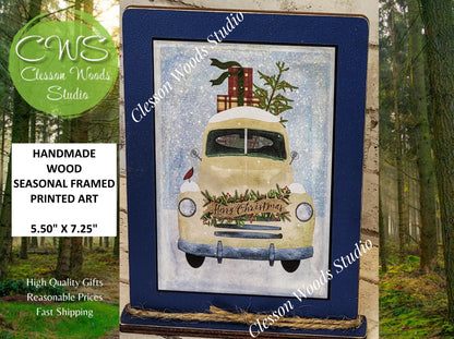 Vintage White Christmas Truck Framed Art with Attached Stand