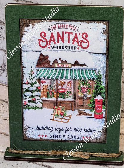 Santa's Workshop Framed Art with Attached Stand