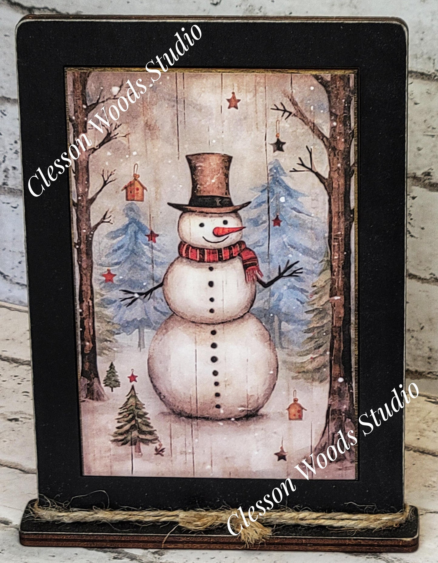 Primitive Snowman Trees Birdhouse Framed Art with Attached Stand