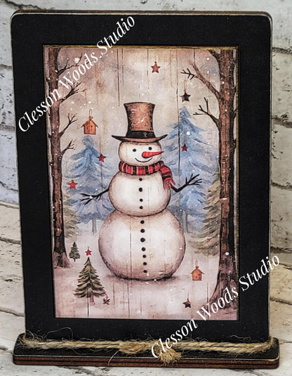 Primitive Snowman Trees Birdhouse Framed Art with Attached Stand