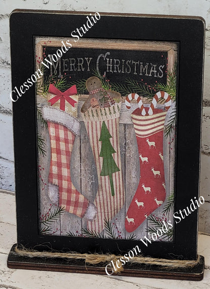 Merry Christmas Stockings Trio Framed Art with Attached Stand