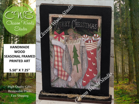 Merry Christmas Stockings Trio Framed Art with Attached Stand