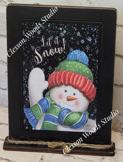 Let It Snow Waving Snowman Framed Art with Attached Stand
