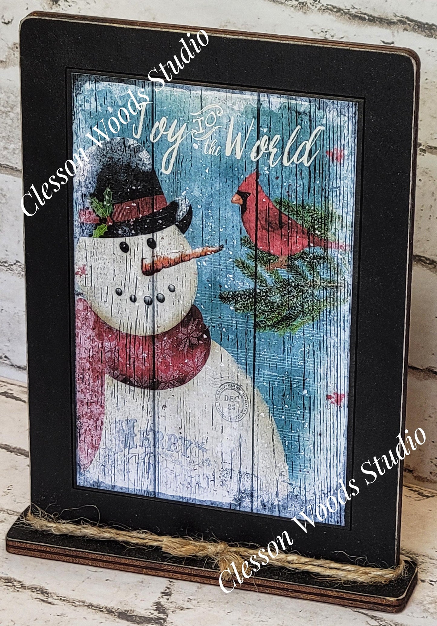 Joy To The World Primitive Snowman Framed Art with Attached Stand