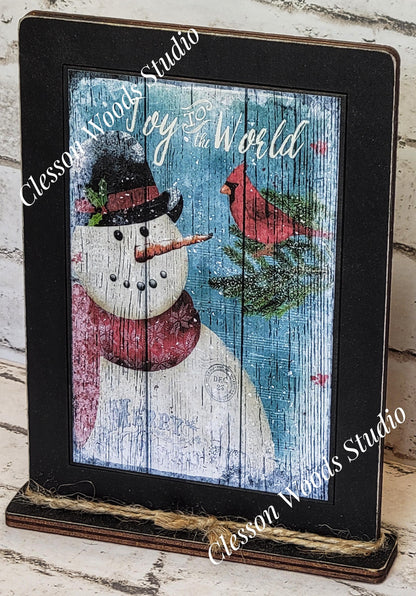 Joy To The World Primitive Snowman Framed Art with Attached Stand