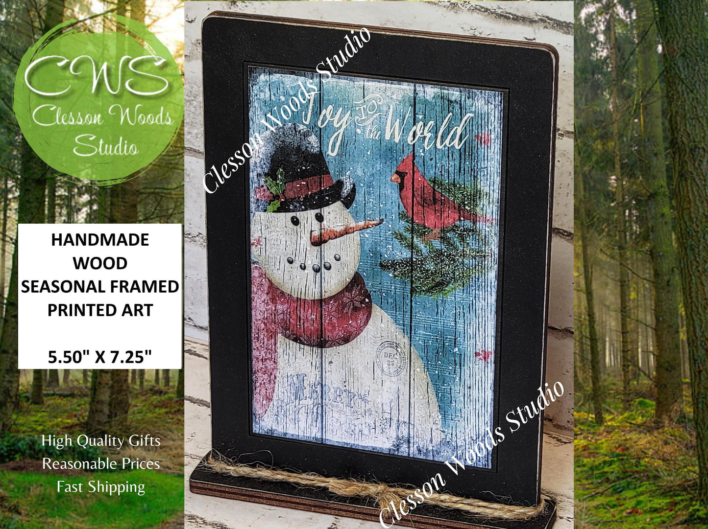 Joy To The World Primitive Snowman Framed Art with Attached Stand