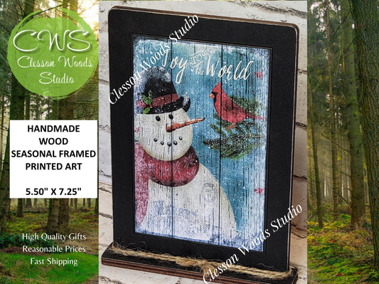 Joy To The World Primitive Snowman Framed Art with Attached Stand