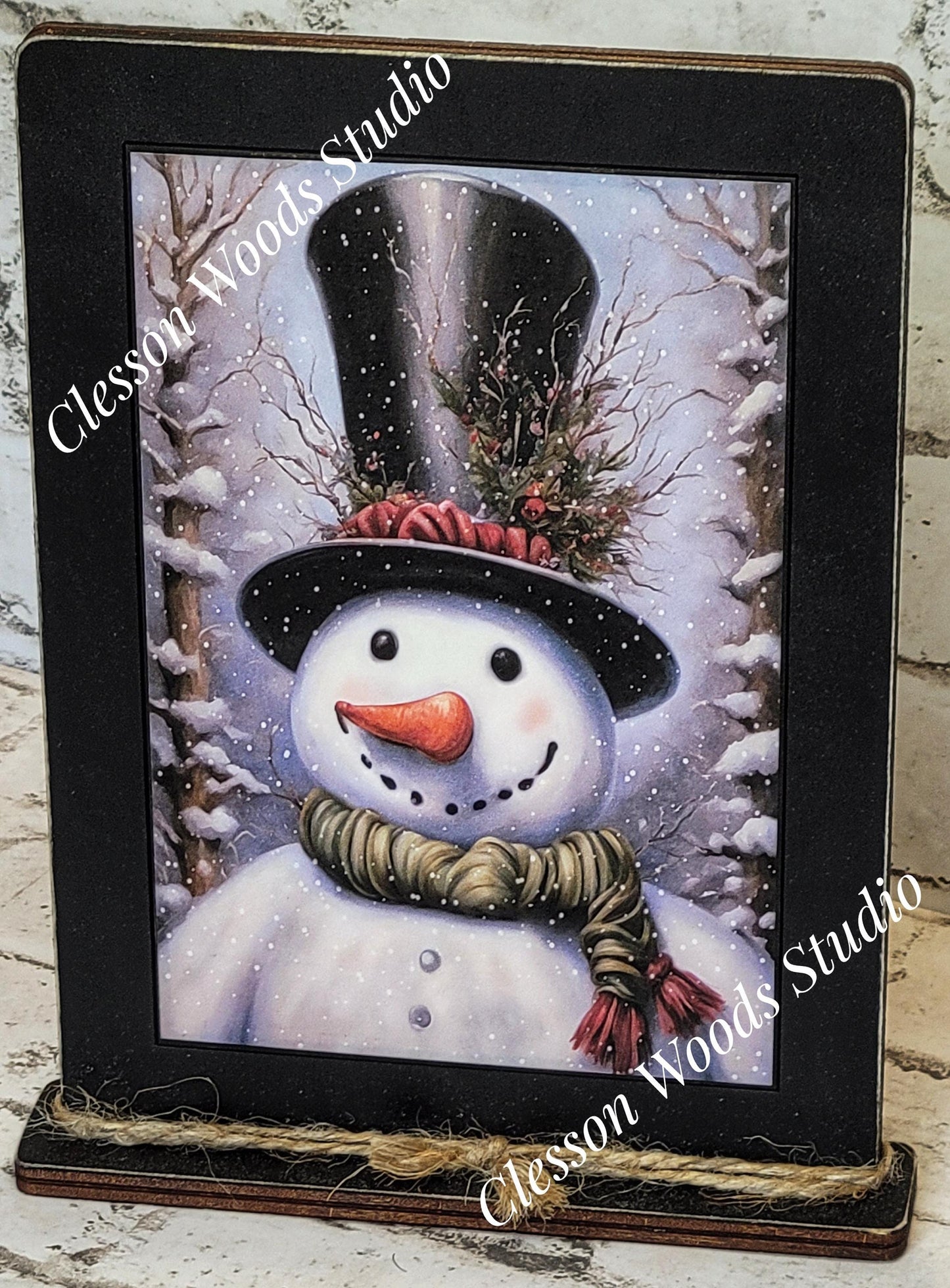 Primitive Snowman Tall Black Hat Framed Art with Attached Stand