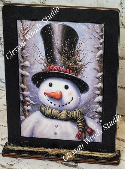 Primitive Snowman Tall Black Hat Framed Art with Attached Stand