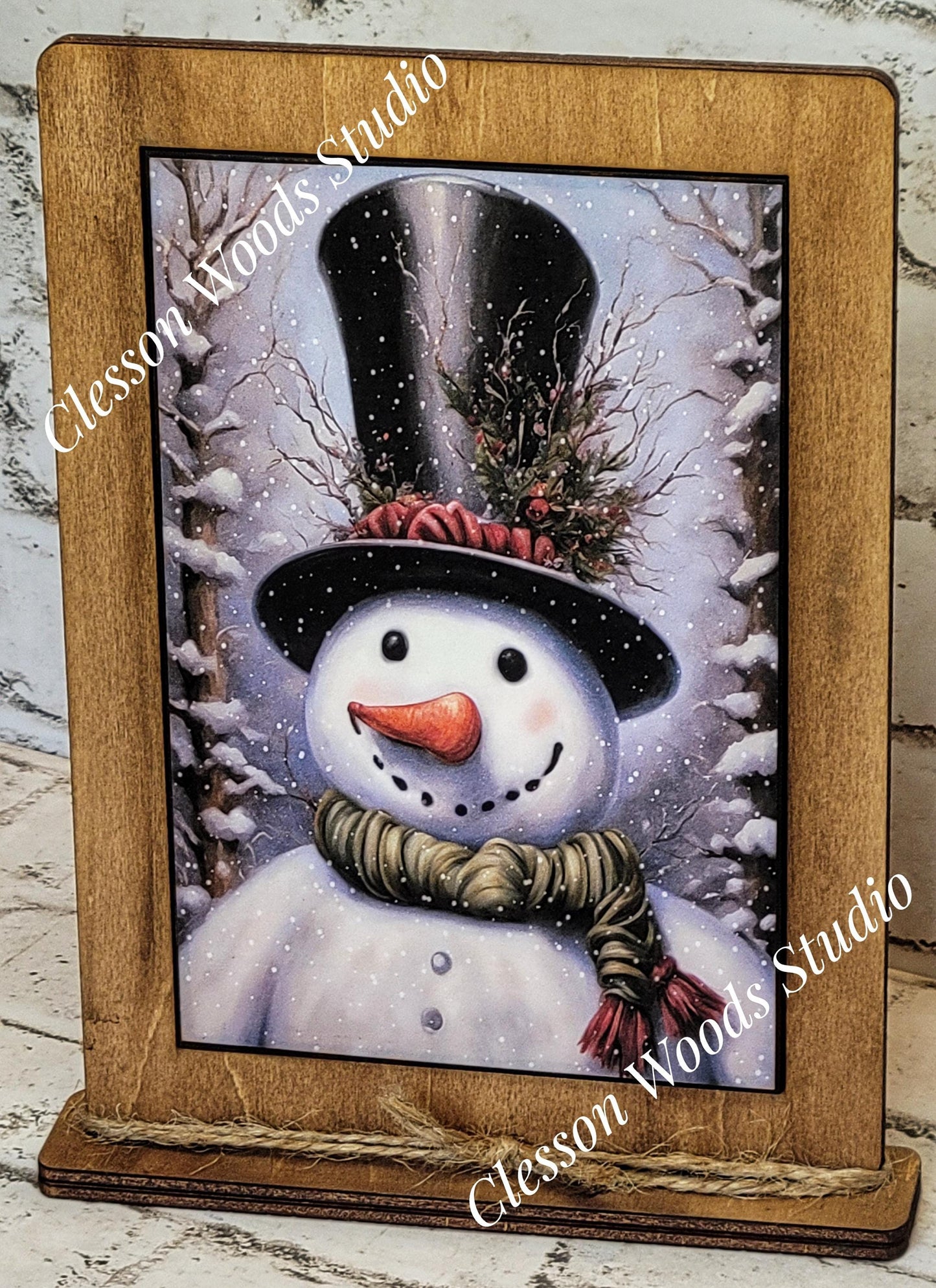 Primitive Snowman Tall Black Hat Framed Art with Attached Stand