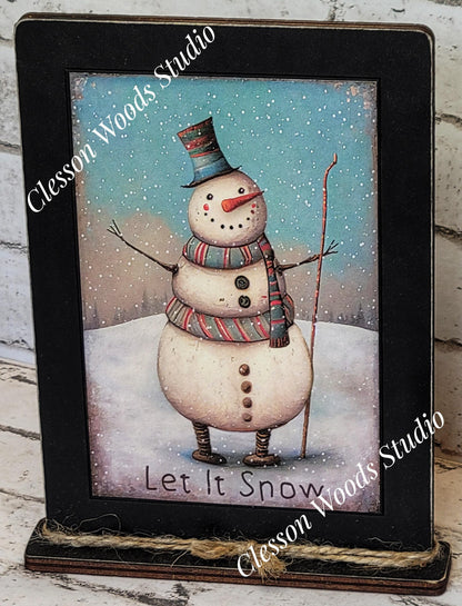 Primitive Snowman Let It Snow Framed Art with Attached Stand